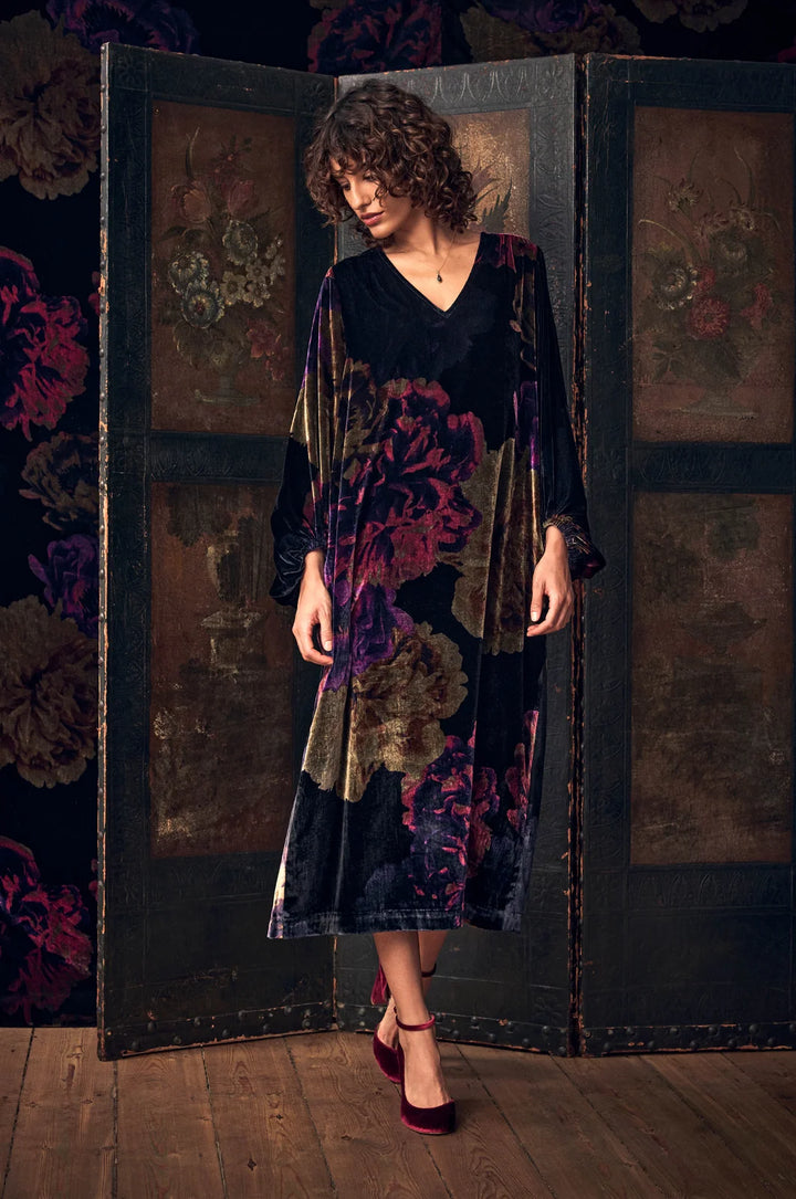 MIDNIGHT PEONIES VELVET DRESS
