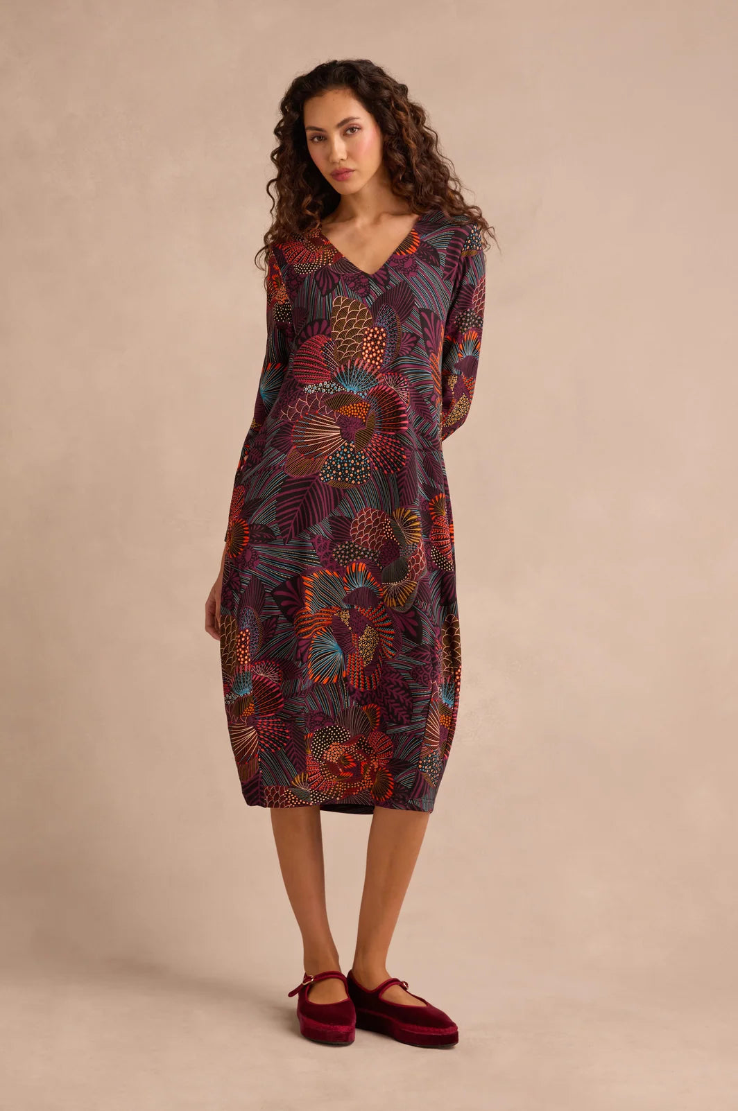 ABSTRACT LINEAR FLORAL JERSEY BUBBLE DRESS