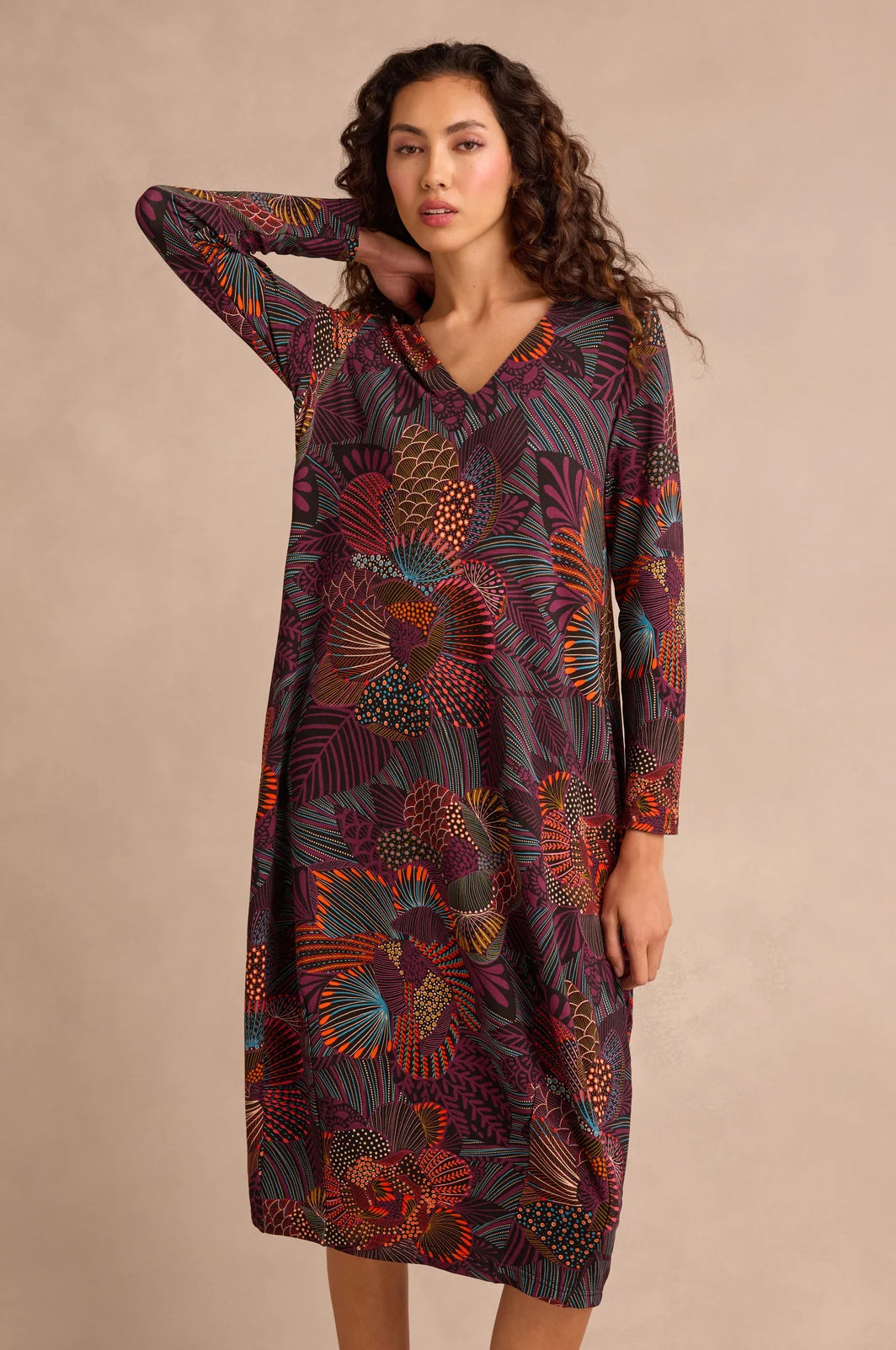 ABSTRACT LINEAR FLORAL JERSEY BUBBLE DRESS