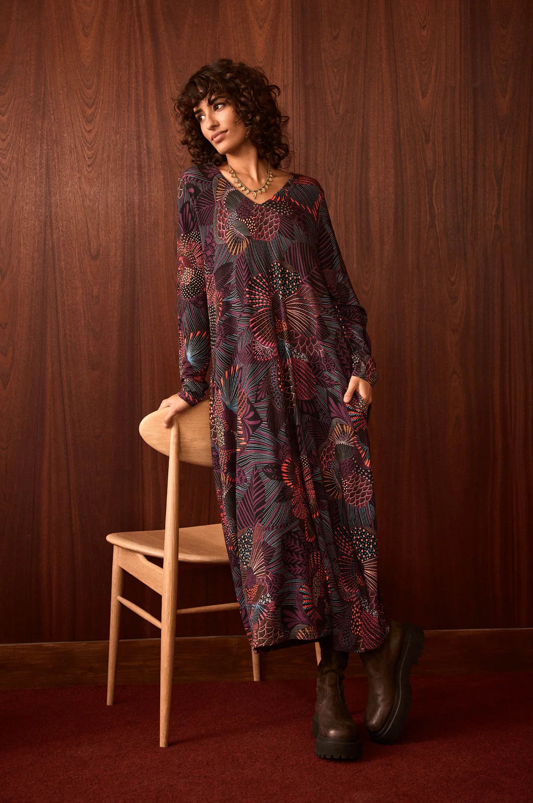 ABSTRACT LINEAR FLORAL JERSEY BUBBLE DRESS