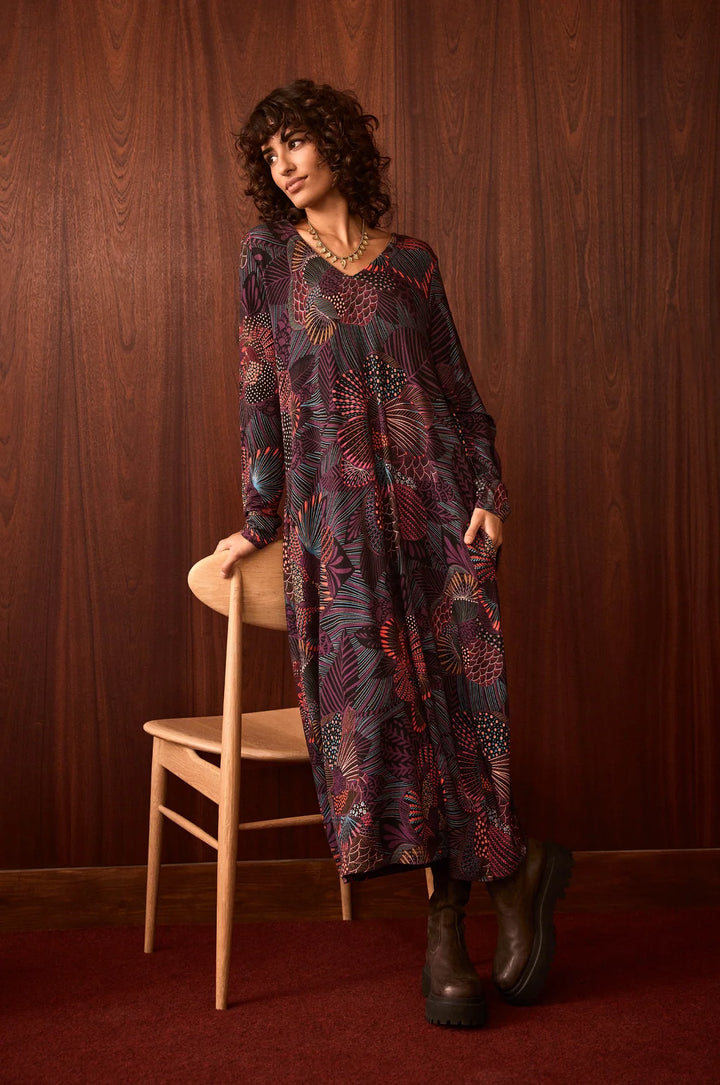 ABSTRACT LINEAR FLORAL JERSEY BUBBLE DRESS