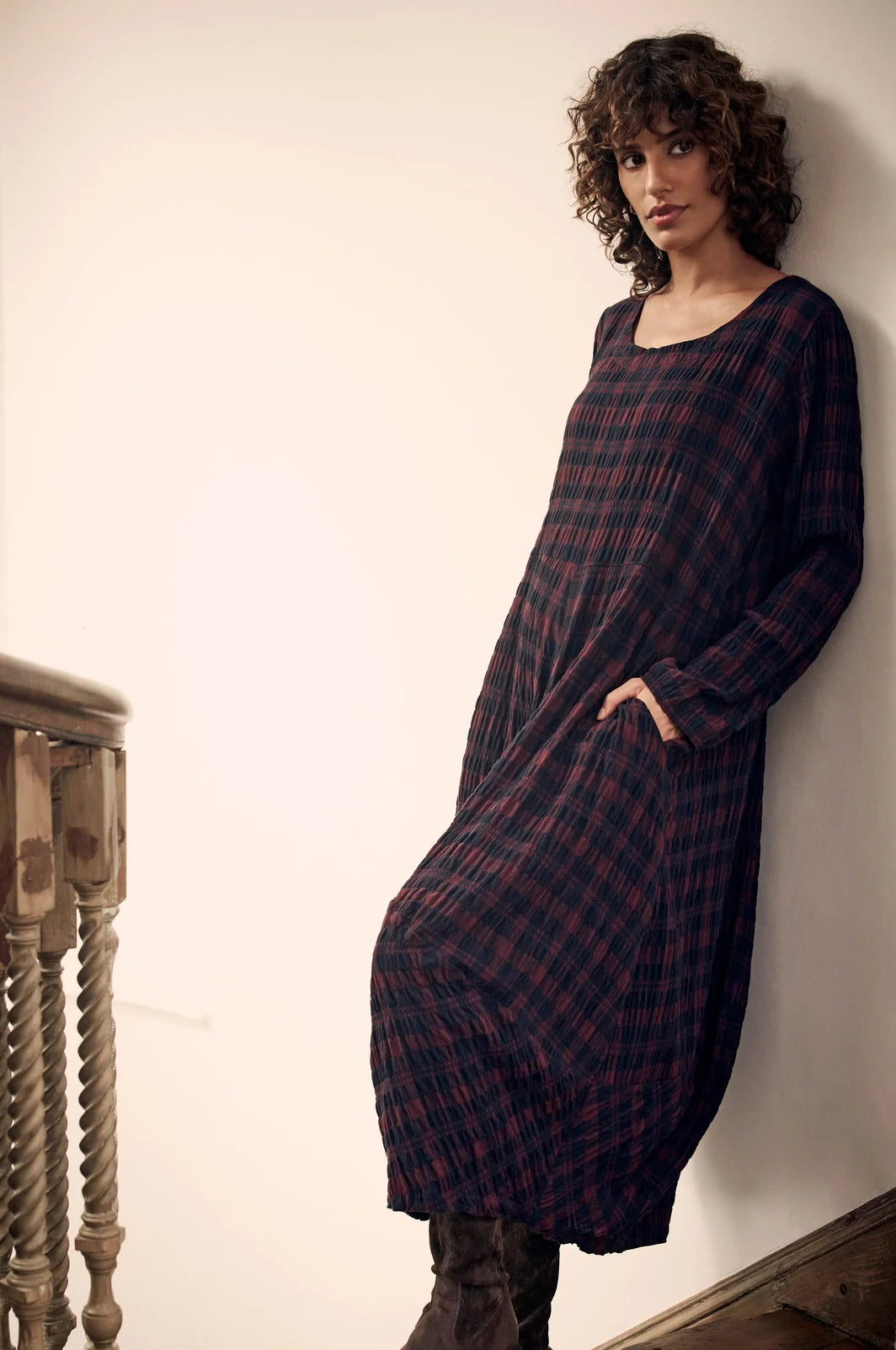 PLAID CRINKLE CHECK BUBBLE DRESS