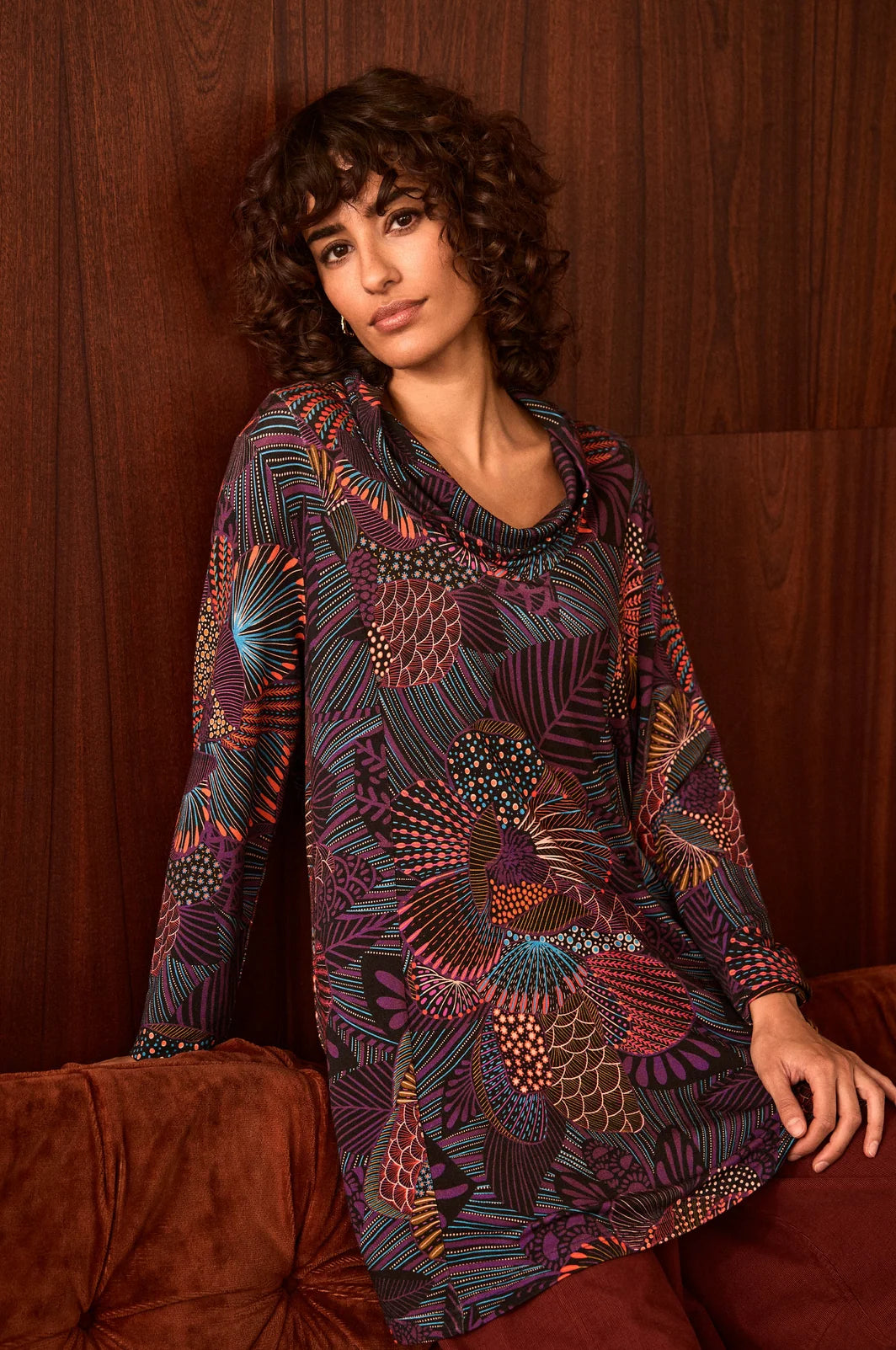 ABSTRACT FLOWERS LINEAR FLORAL JERSEY TUNIC