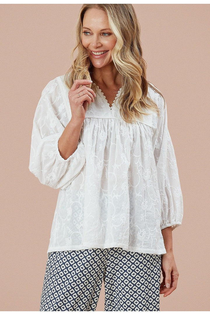 FLOWER EMBROIDERED FLORAL TOP | COL=WHITE
