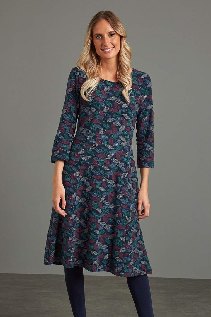 JULIET DRESS TEXTURED LEAF PRINT | COL=NAVY