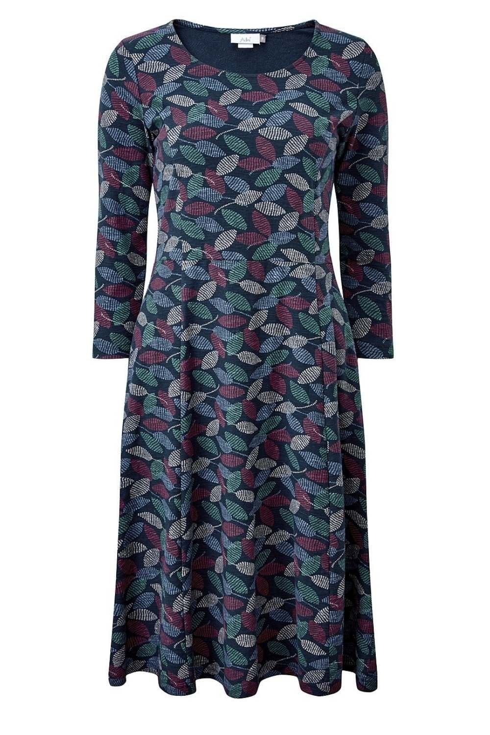 JULIET DRESS TEXTURED LEAF PRINT | COL=NAVY
