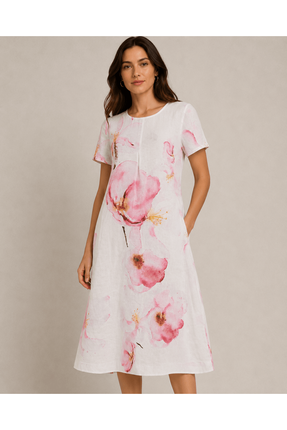 PINK FLOWER LINEN DRESS | COL=PINK