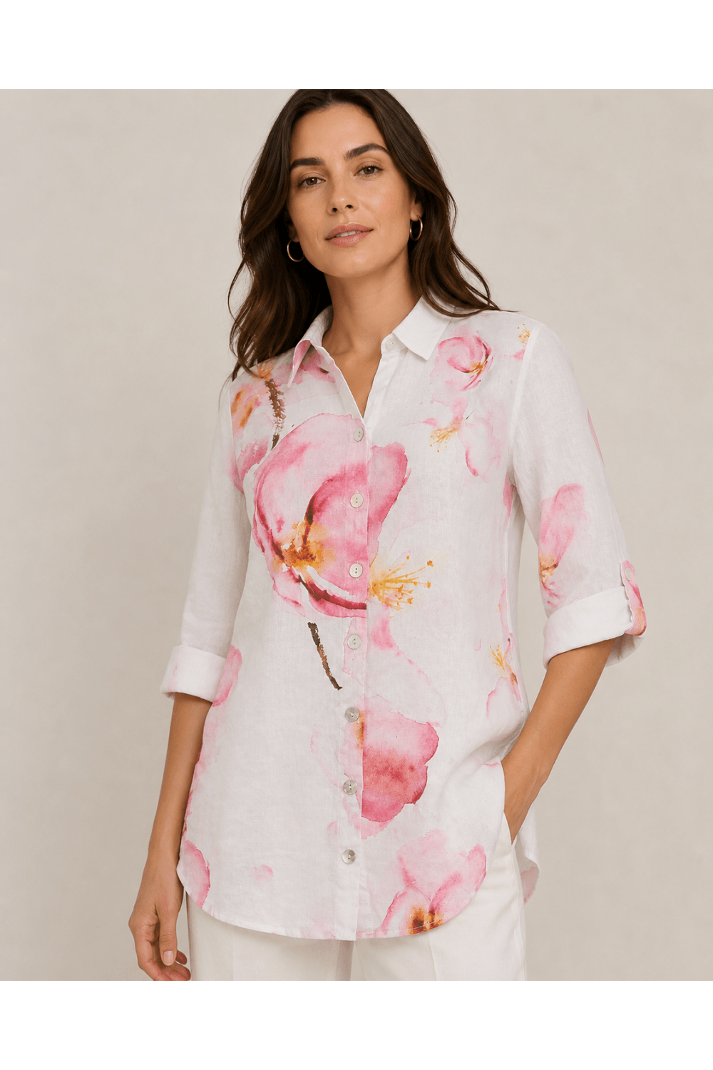 PINK FLOWER LINEN SHIRT | COL=PINK