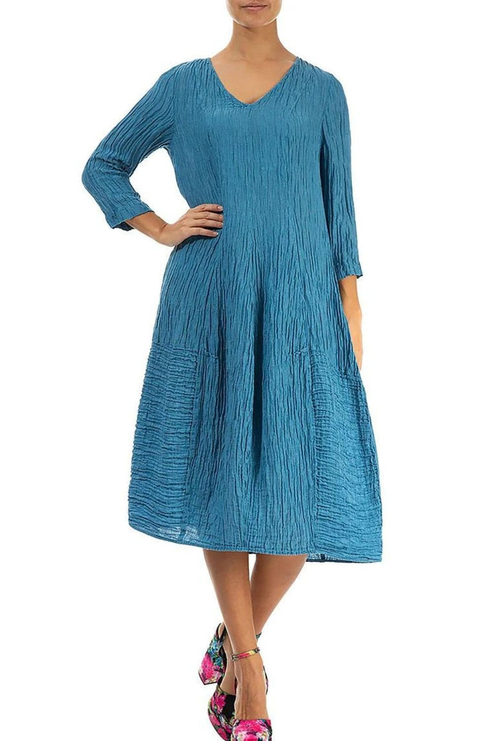 V NECK CRINKLE SILK LINEN DRESS | COL=AQUA