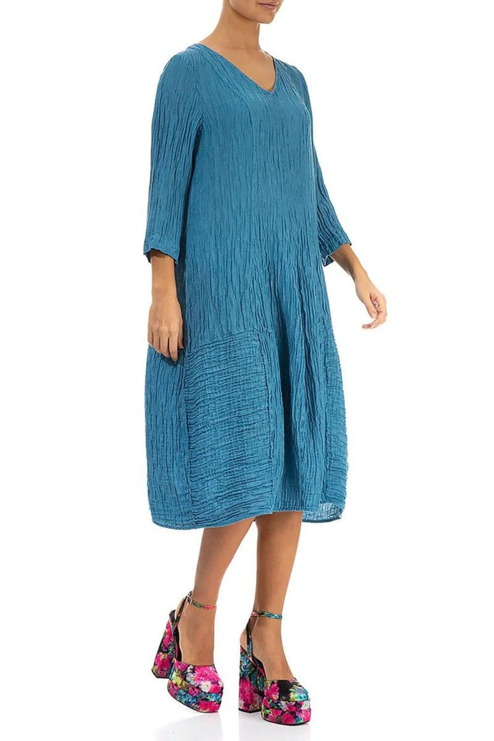 V NECK CRINKLE SILK LINEN DRESS | COL=AQUA