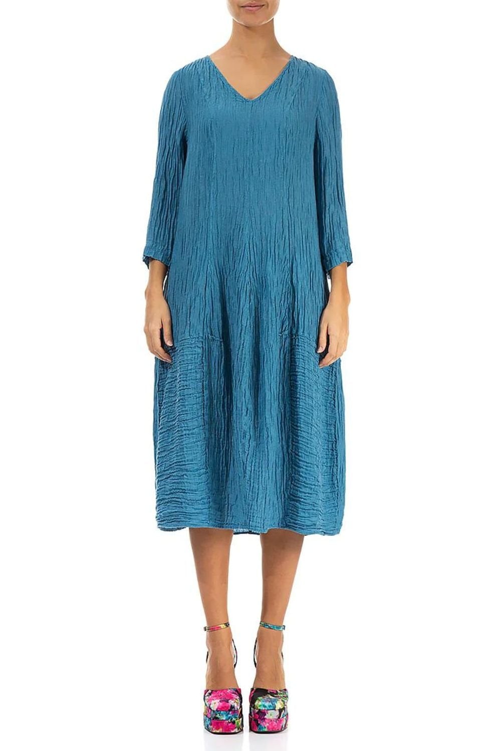 V NECK CRINKLE SILK LINEN DRESS | COL=AQUA