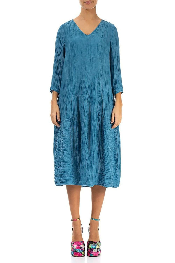 V NECK CRINKLE SILK LINEN DRESS | COL=AQUA