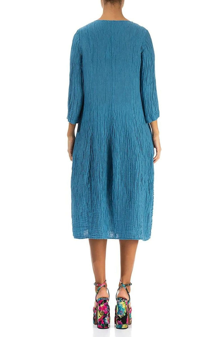 V NECK CRINKLE SILK LINEN DRESS | COL=AQUA
