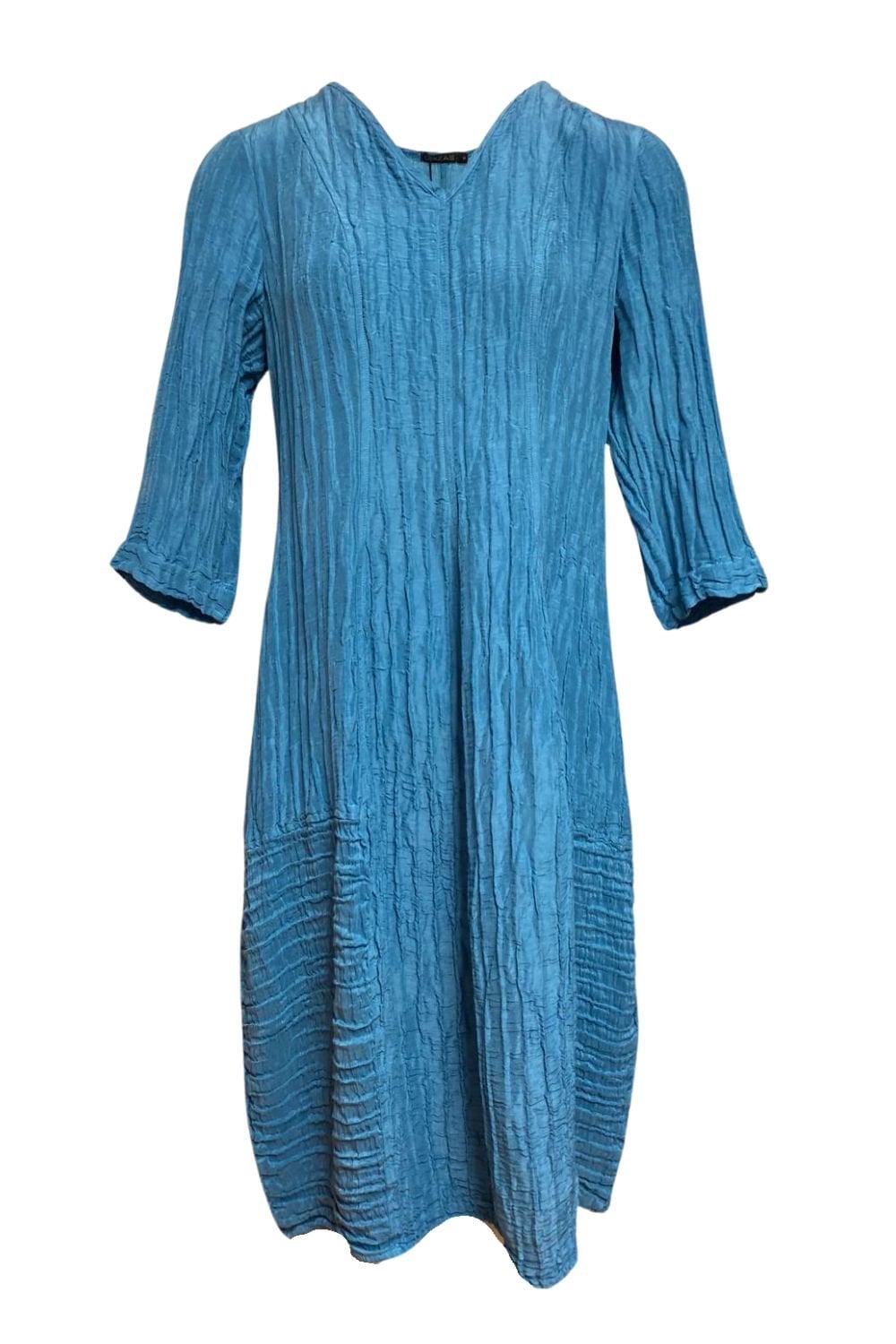 V NECK CRINKLE SILK LINEN DRESS | COL=AQUA