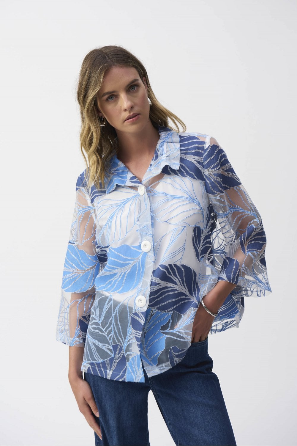 Novelty Leaf-Print Trapeze Jacket | COL=BLUE
