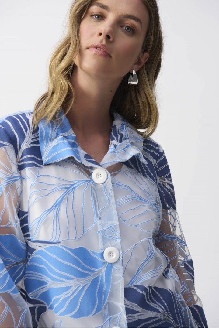 Novelty Leaf-Print Trapeze Jacket | COL=BLUE