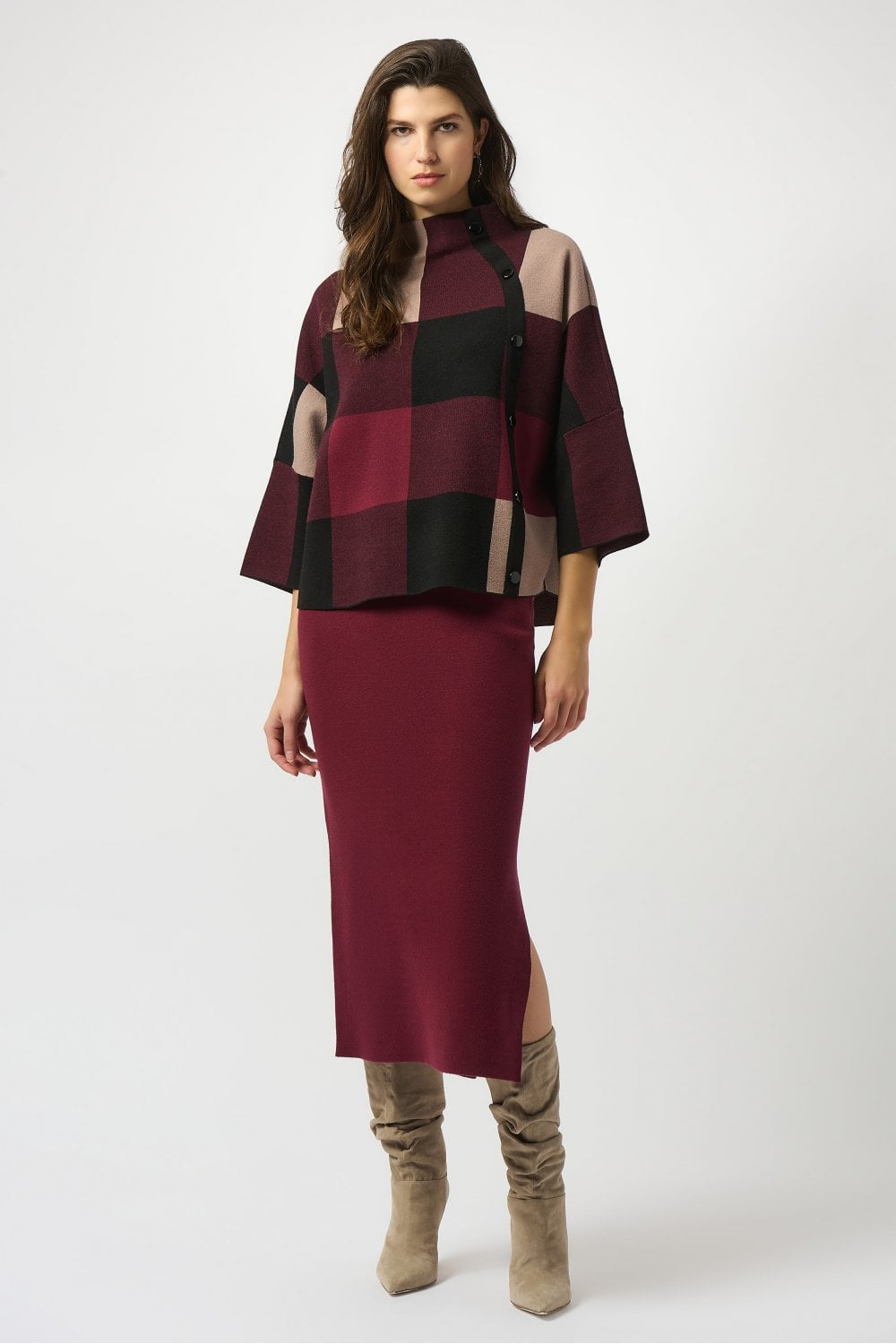 PLAID JACQAURD KNIT TOP | COL=MERLOT