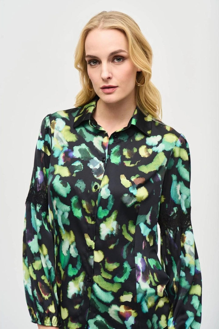 SATIN ABSTRACT PRINT BUTTON DOWN BLOUSE | COL=MULTI