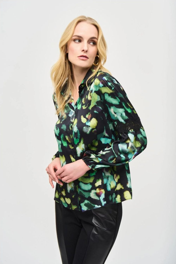 SATIN ABSTRACT PRINT BUTTON DOWN BLOUSE | COL=MULTI