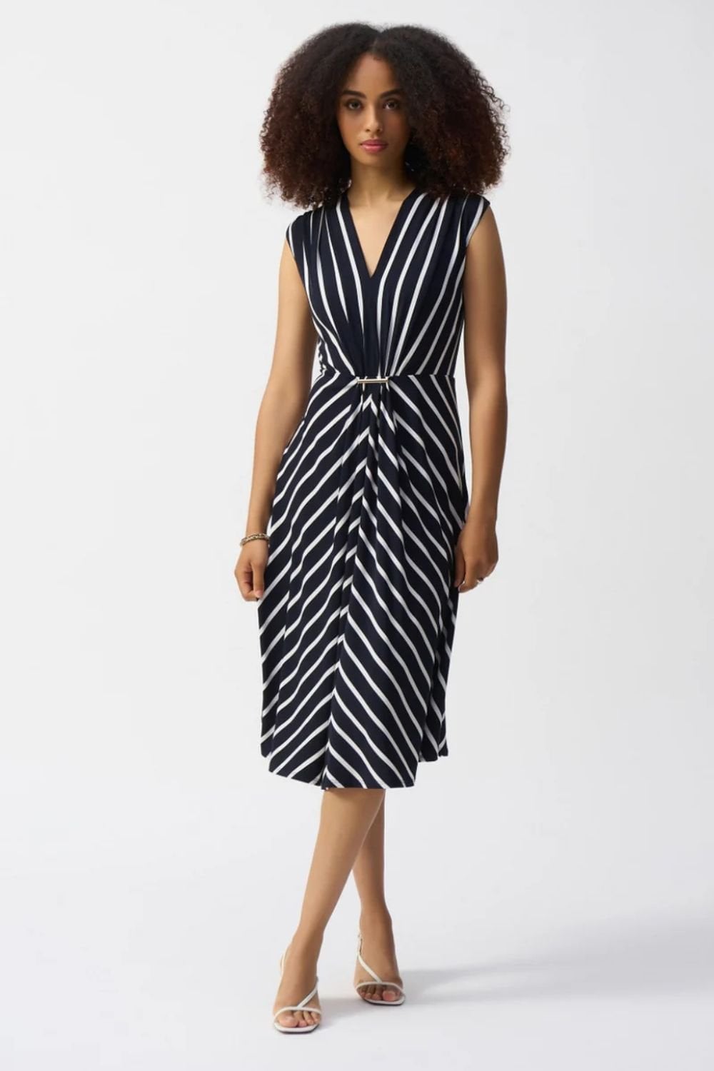 Silky Knit Stripe Fit and Flare Dress | COL=MID BLUE