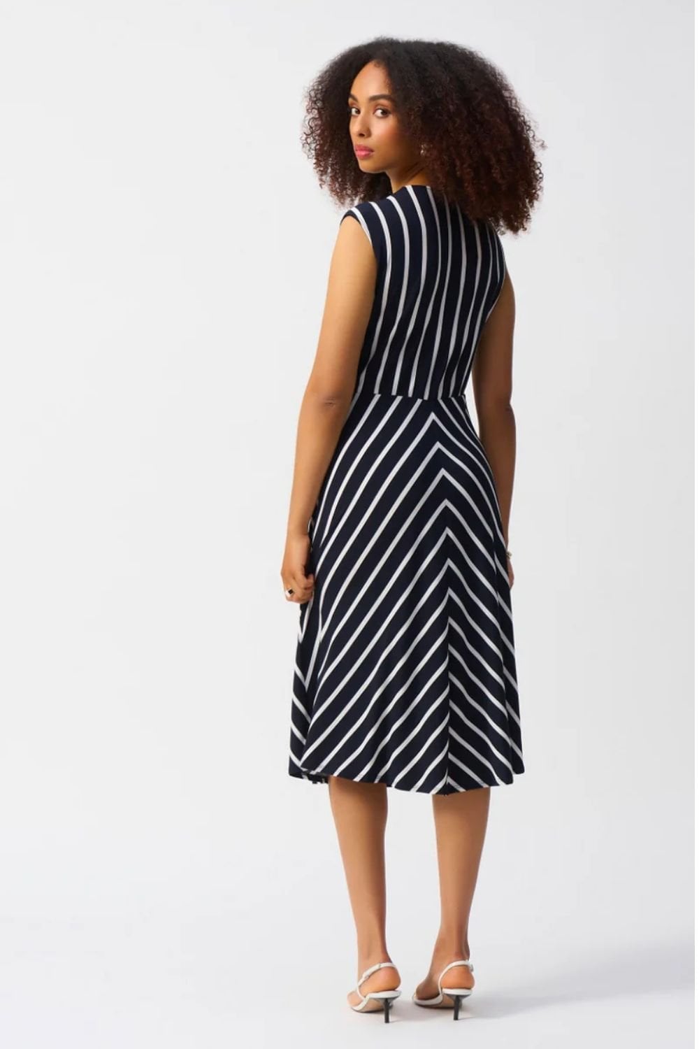 Silky Knit Stripe Fit and Flare Dress | COL=MID BLUE