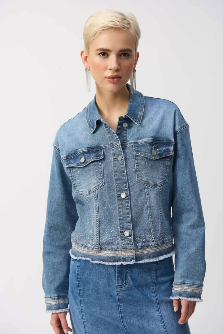 Stretch Denim Jacket with Embroidery | COL=BLUE