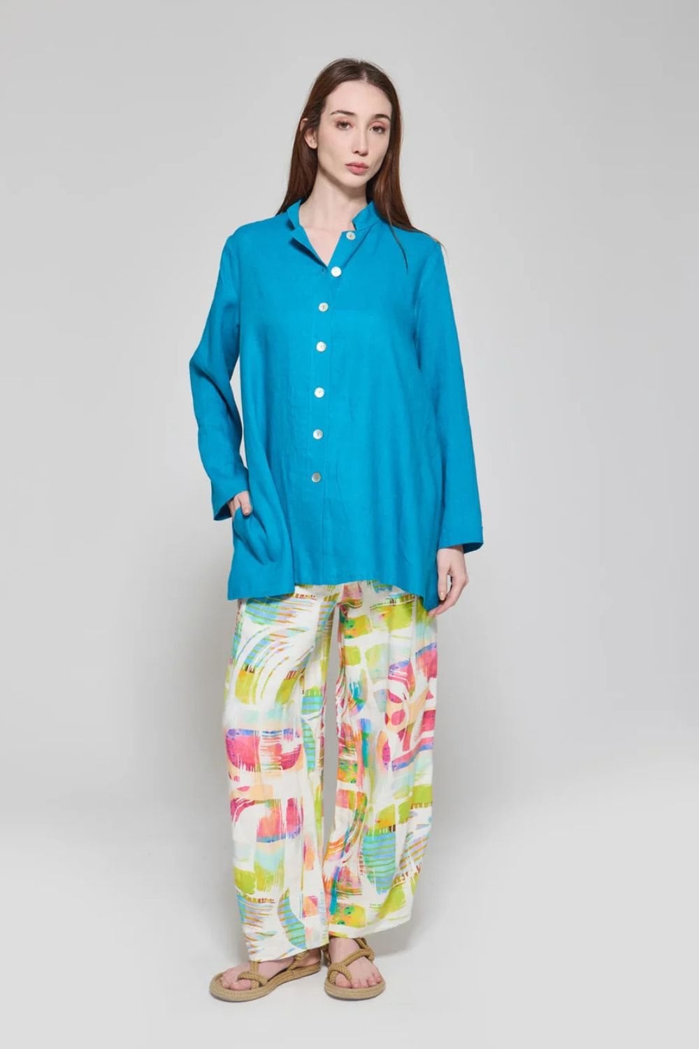 BUTTON LINEN SHIRT | COL=TURQ