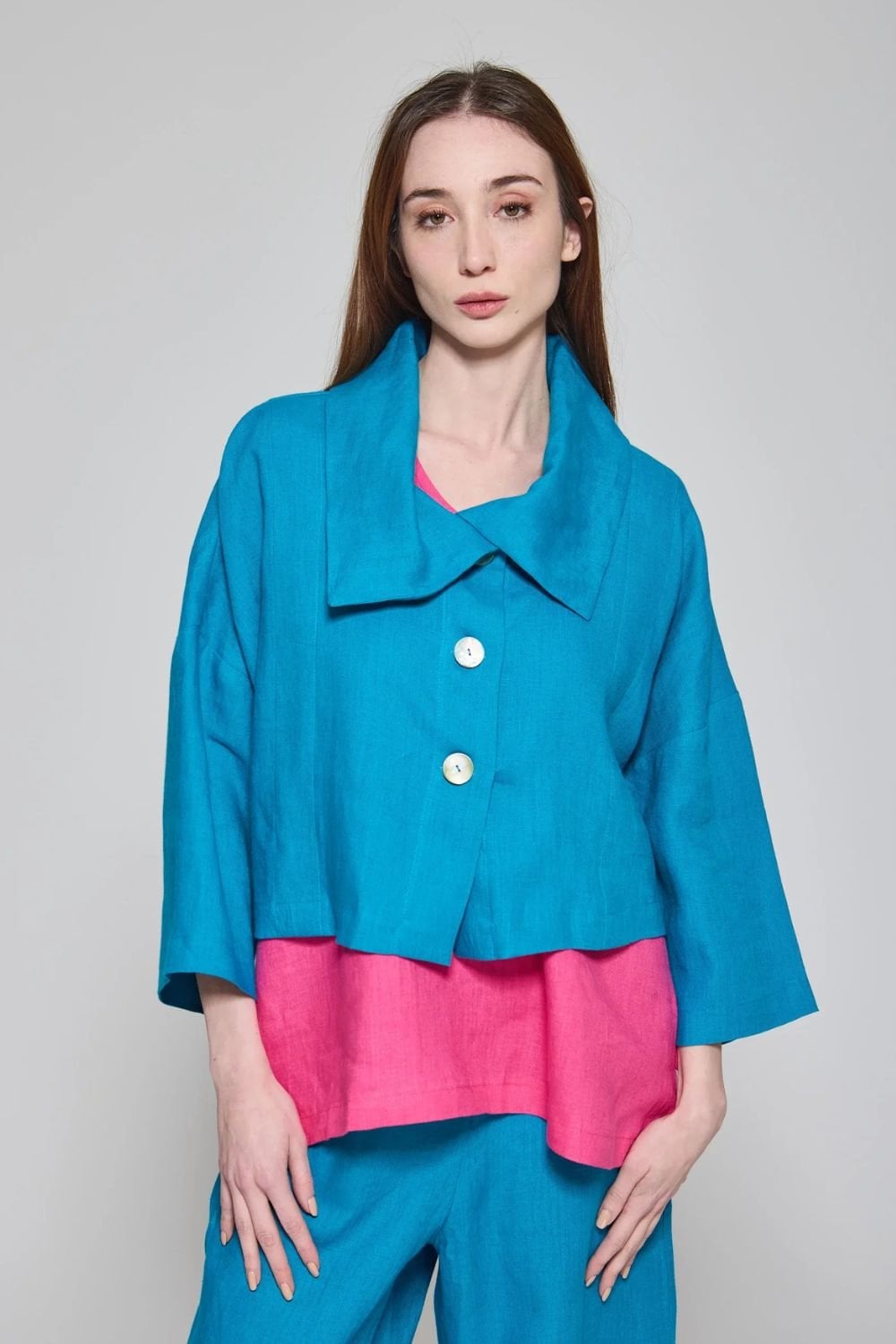 COLLAR LINEN JACKET | COL=TURQ