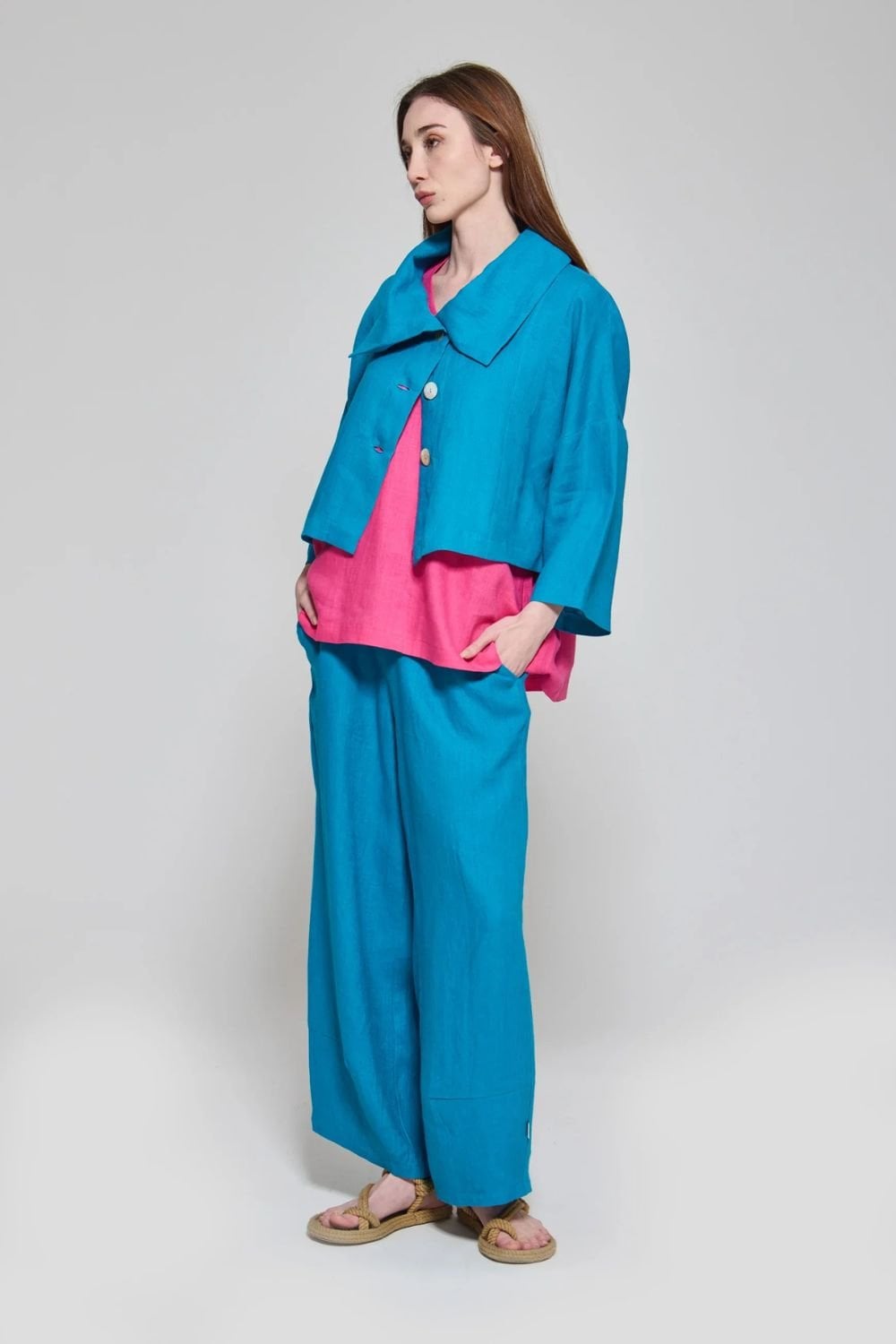 COLLAR LINEN JACKET | COL=TURQ