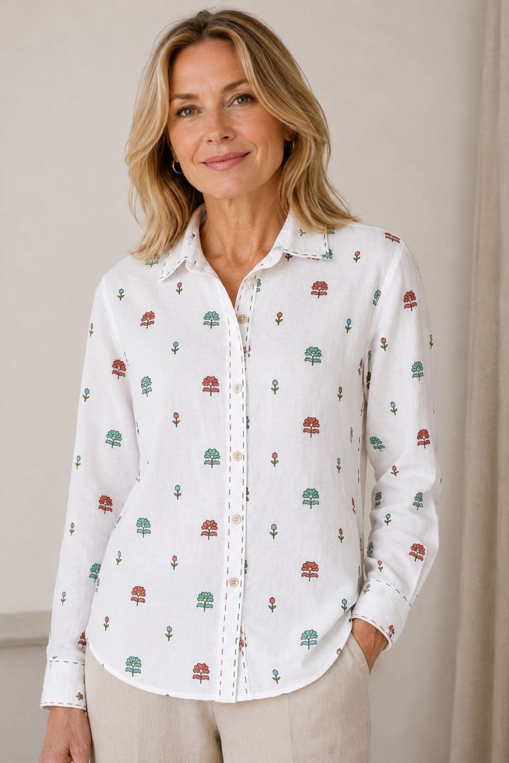 FLOWER EMBROIDERED SHIRT | COL=WHITE