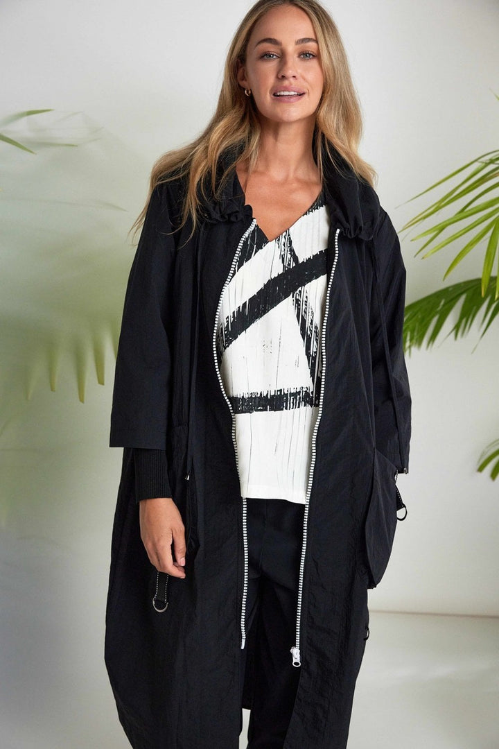 HOODED  COAT WITH POCKET TRIM | COL=BLACK