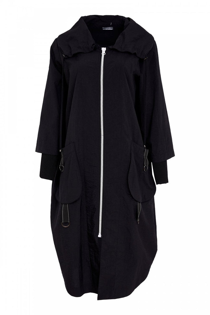 HOODED  COAT WITH POCKET TRIM | COL=BLACK