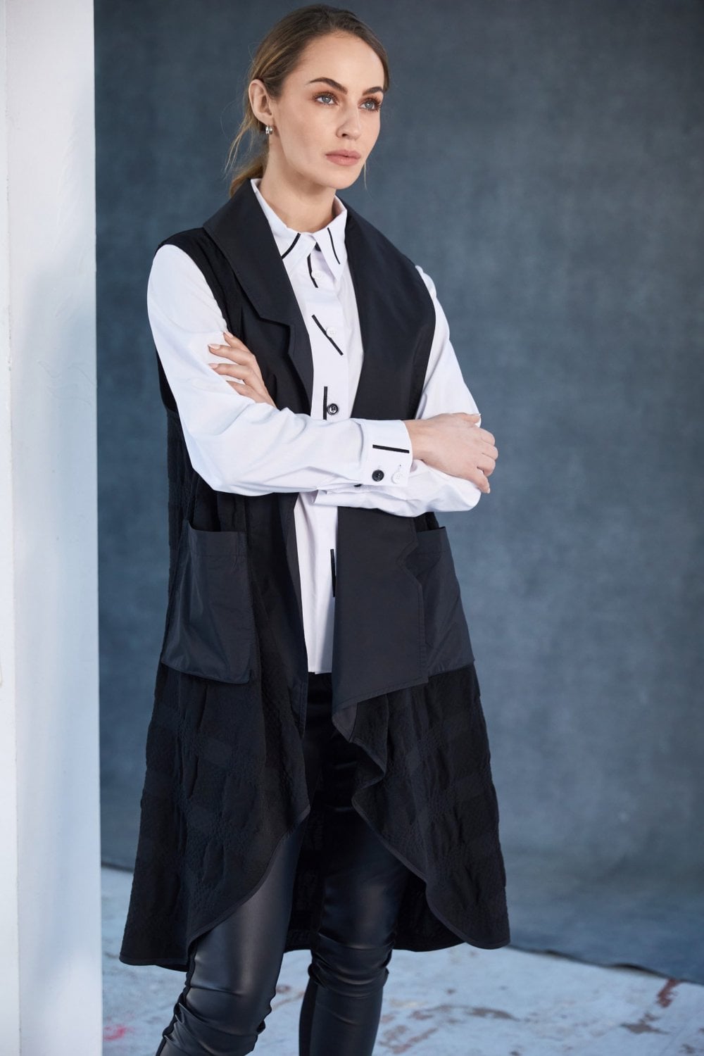LONG LINE DIPPED HEM WAISTCOAT | COL=BLACK