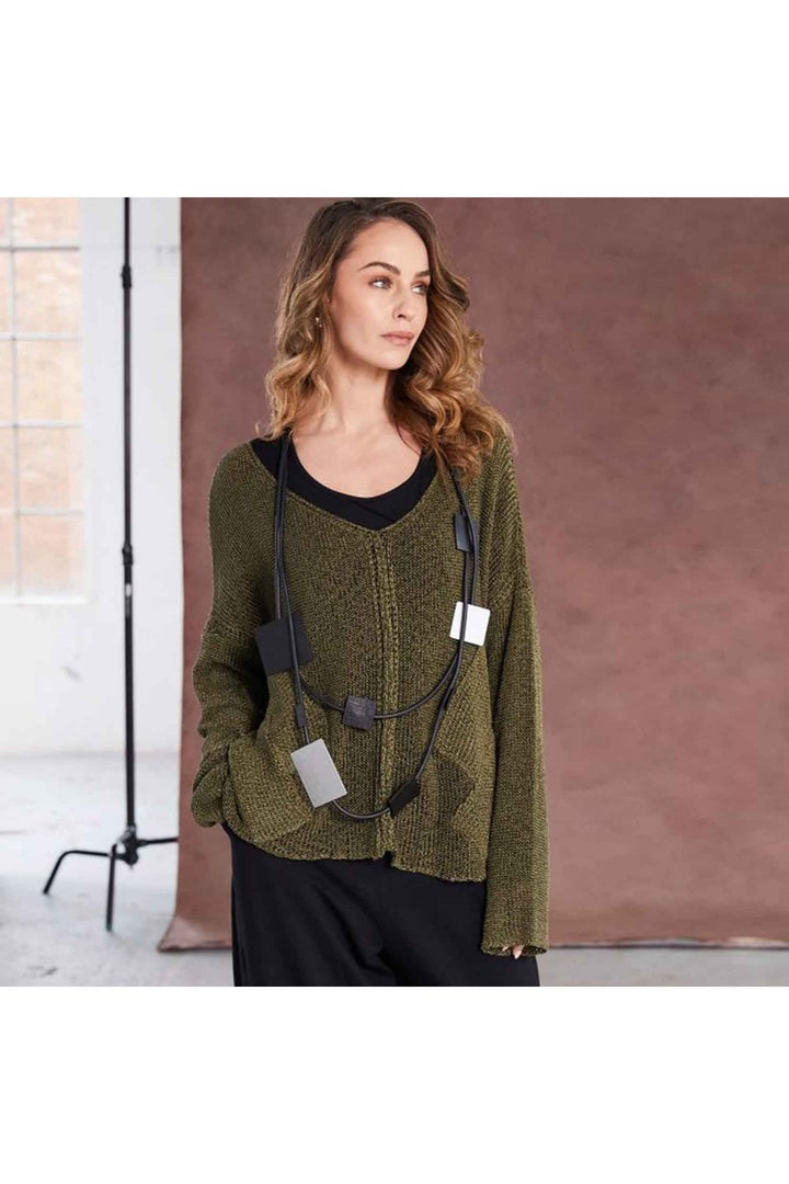 OVERSIZED LOOSE WEAVE V NECK KNIT | COL=ALMOND,MOSS