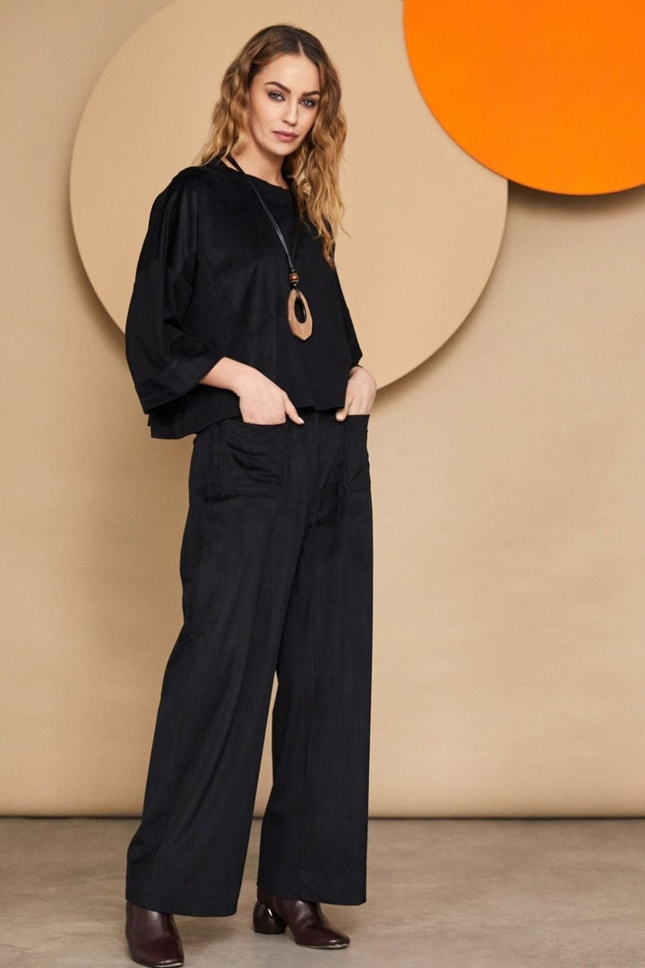 PATCH POCKET CORD WIDE LEG TROUSER | COL=BLACK