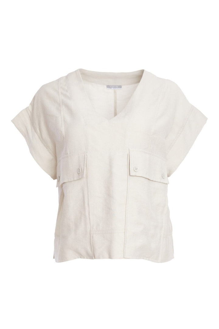 PATCH POCKET V NECK TOP BUTTON DETAIL | COL=ASH