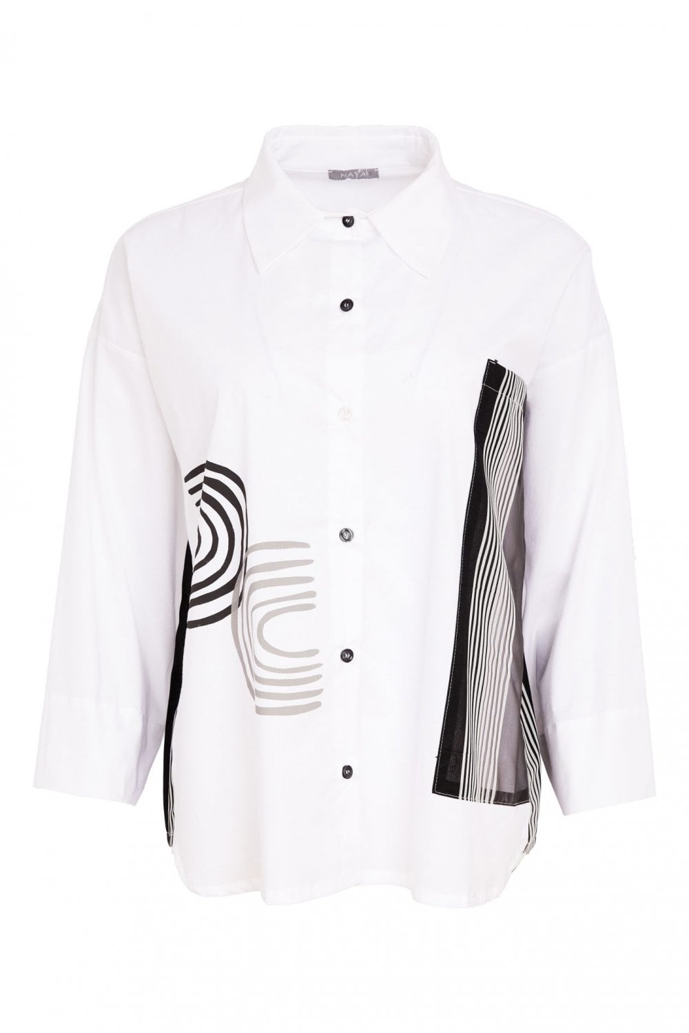 PLACEMENT PRINT SHIRT WITH STRIPED SECTIONS | COL=BLACK/WHITE