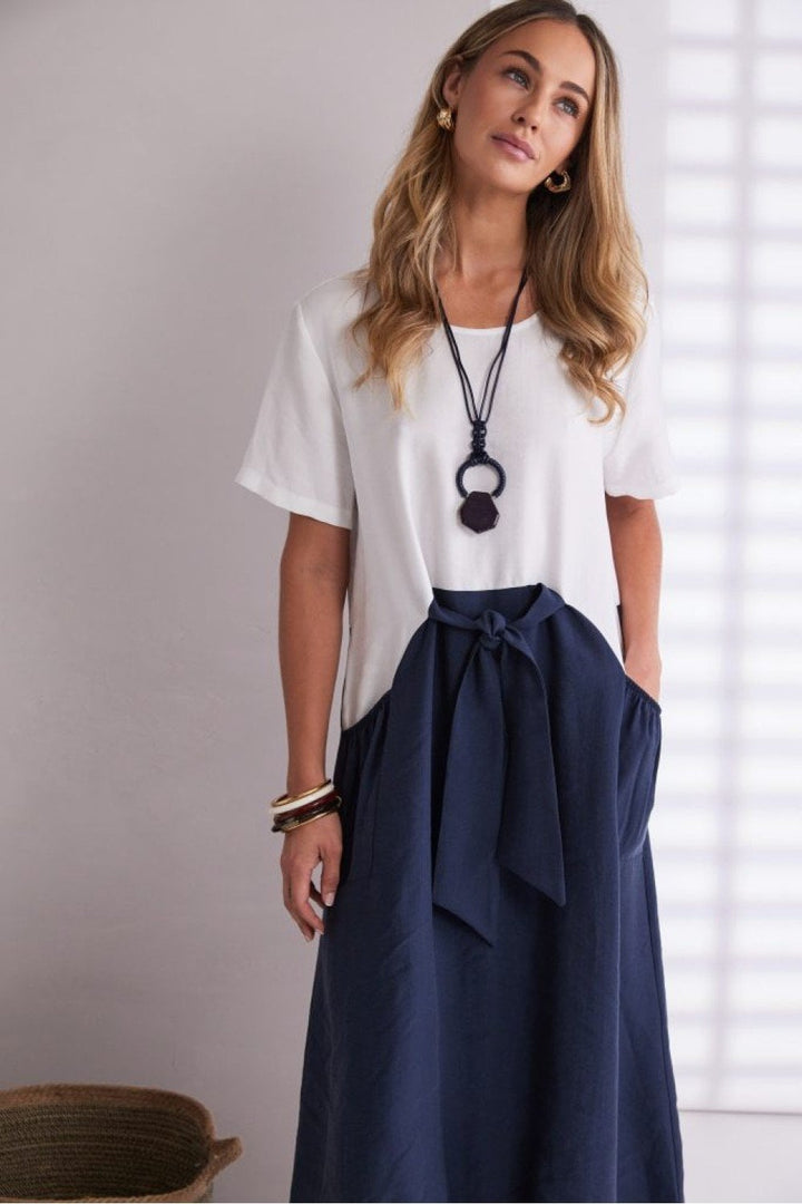 ROUND NECK DRESS WITH CONTRAST COLOUR SKIRT | COL=ECLIPSE