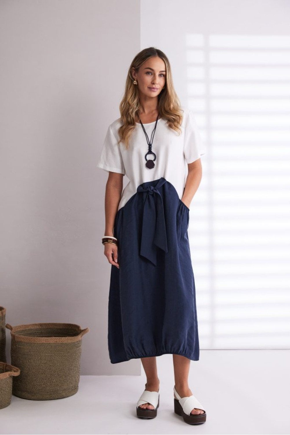 ROUND NECK DRESS WITH CONTRAST COLOUR SKIRT | COL=ECLIPSE