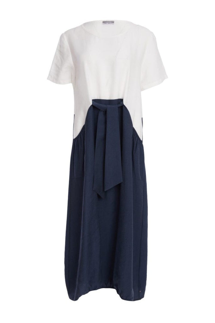 ROUND NECK DRESS WITH CONTRAST COLOUR SKIRT | COL=ECLIPSE
