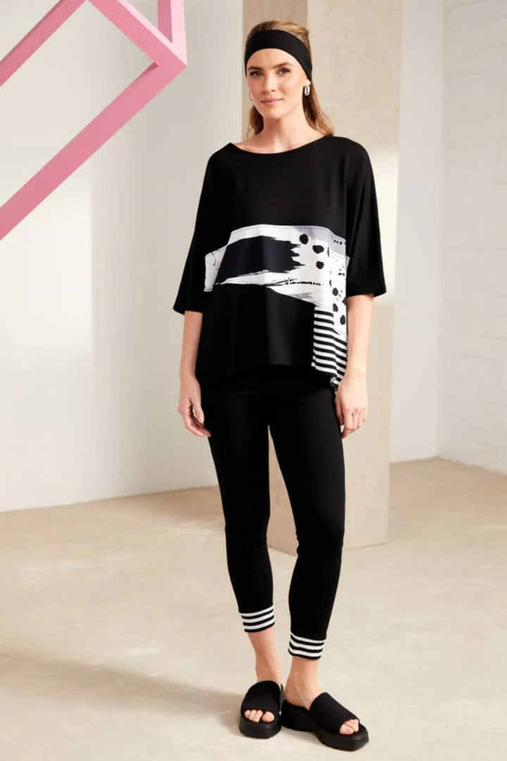 ROUND NECK TOP WITH STRIPE | COL=BLACK/WHITE