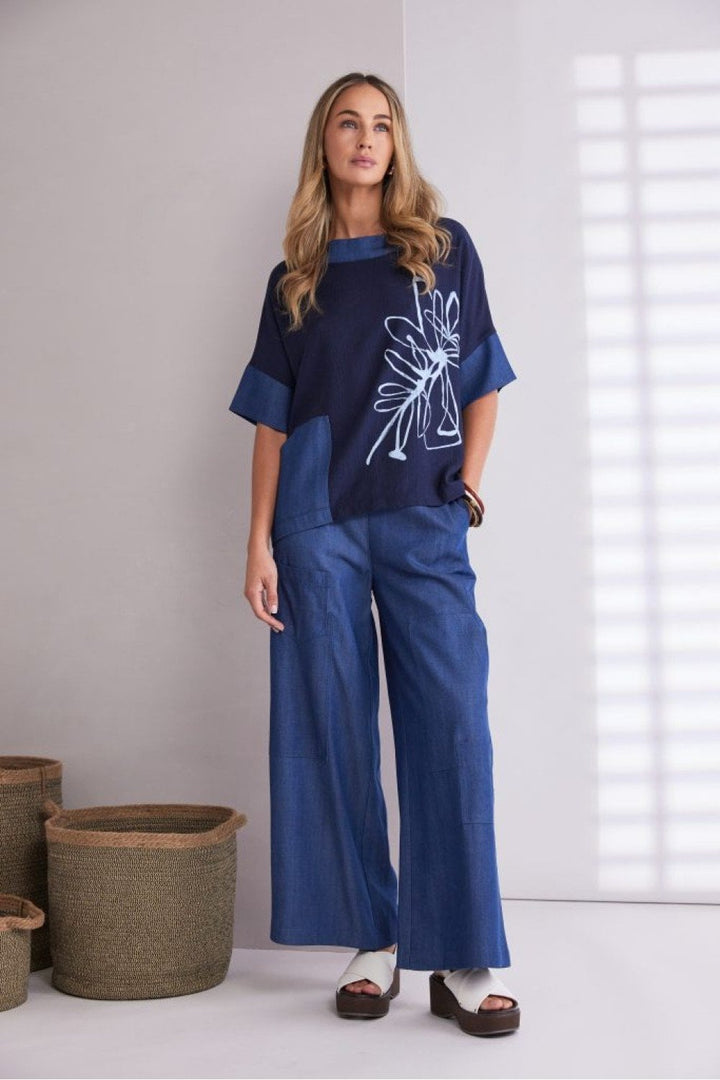 WIDE LEG DENIM LOOK TROUSER | COL=DENIM BLUE