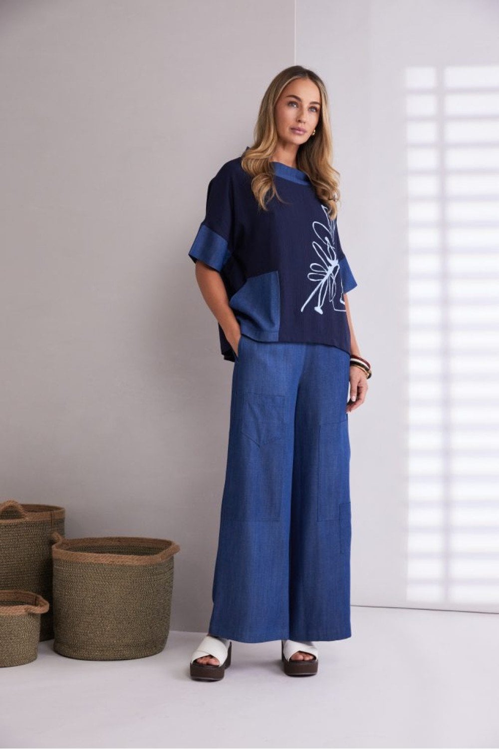 WIDE LEG DENIM LOOK TROUSER | COL=DENIM BLUE