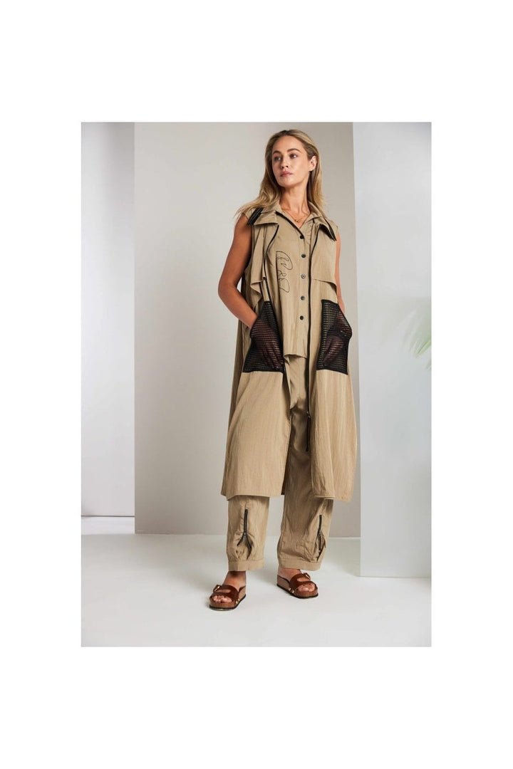 ZIPPED LONGLINE WAISTCOAT WITH CONTRAST POCKET | COL=TAN