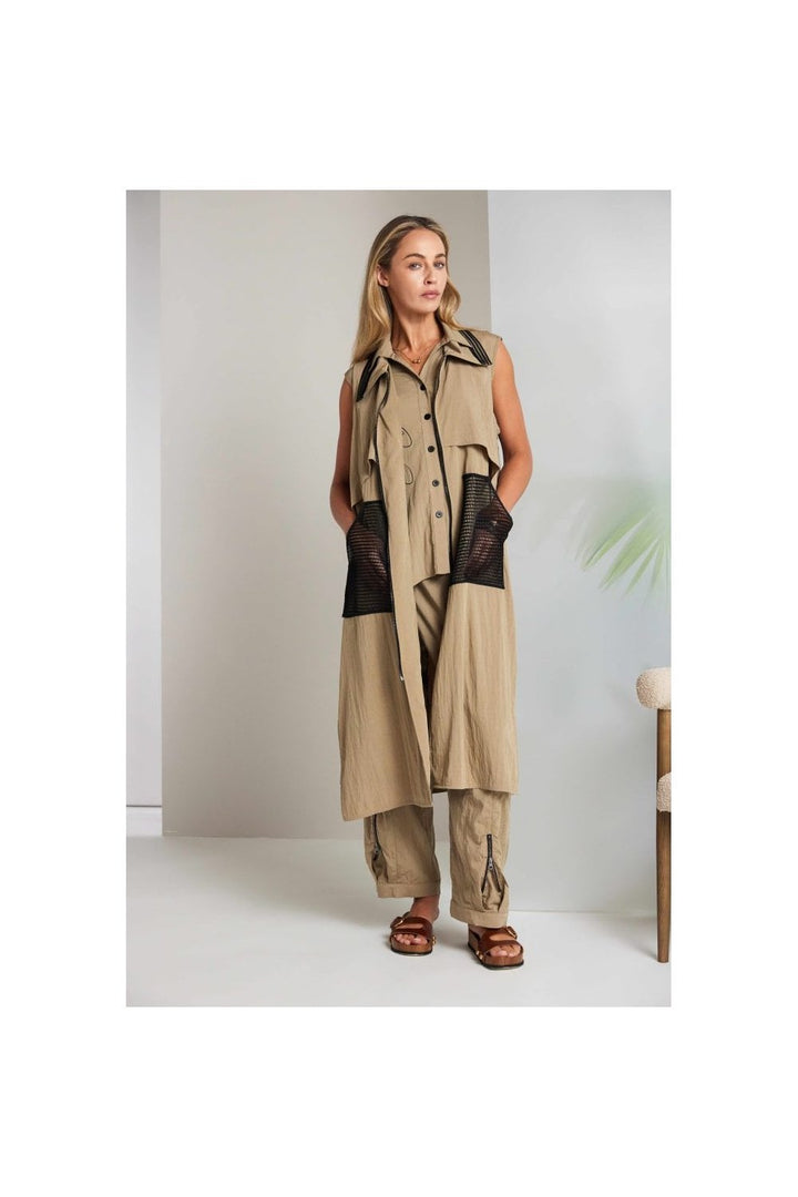 ZIPPED LONGLINE WAISTCOAT WITH CONTRAST POCKET | COL=TAN
