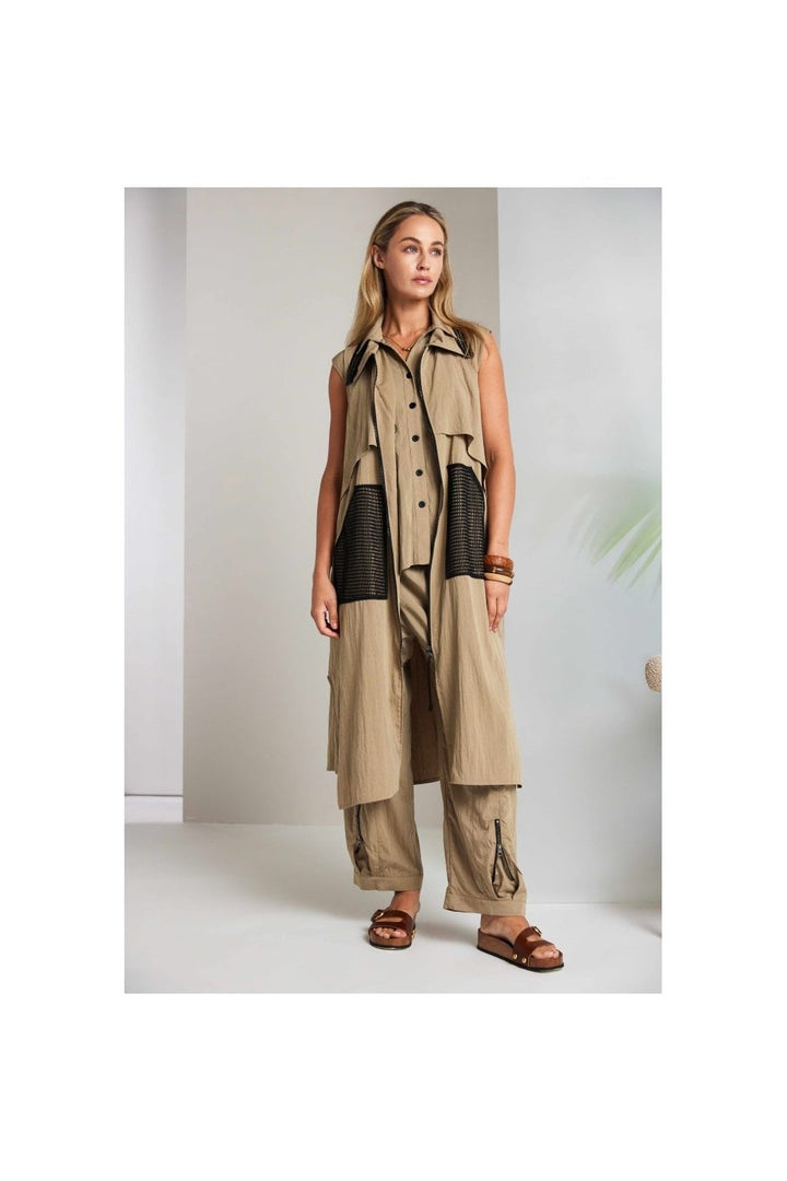 ZIPPED LONGLINE WAISTCOAT WITH CONTRAST POCKET | COL=TAN