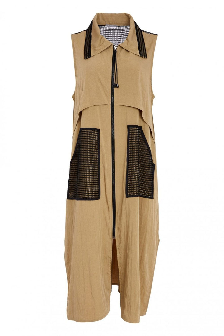 ZIPPED LONGLINE WAISTCOAT WITH CONTRAST POCKET | COL=TAN