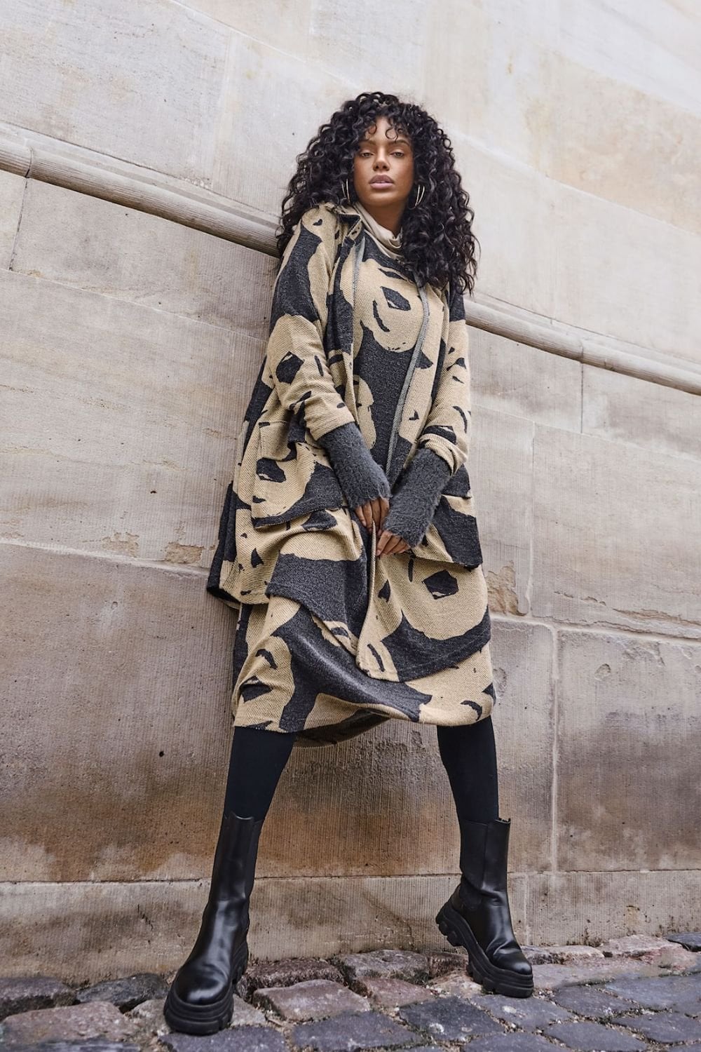 EASY FITTING PRINTED BALOON DRESS | COL=CHARCOAL