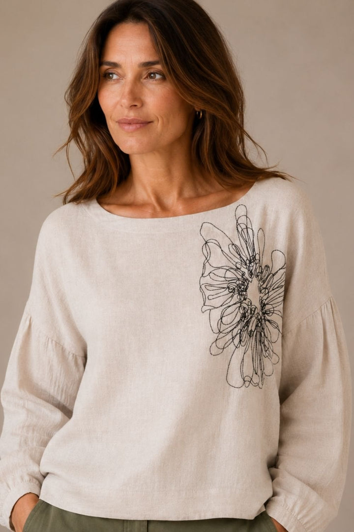 EMBROIDERED FLORAL LINEN TOP | COL=SAND