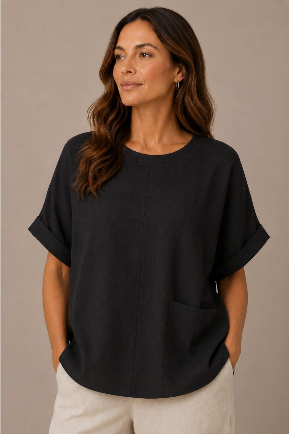 PREMIUM LINEN ONE POCKET TOP | COL=BLACK